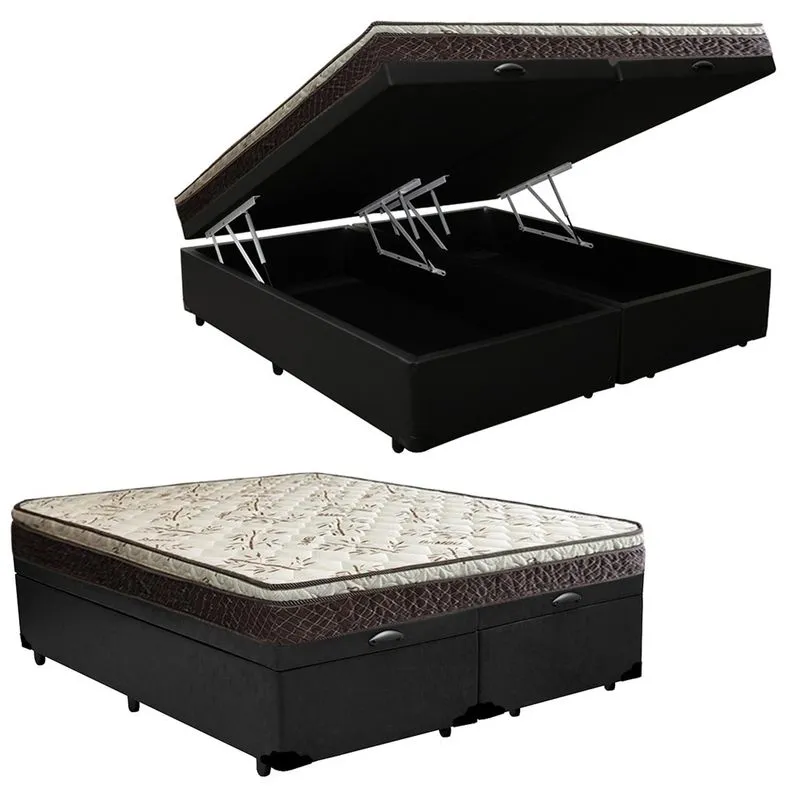 Cama Box Baú Queen Sintético Bipartido + Colchão Elegance Ortopédico Espuma D33 Extra Firme 158x198x63