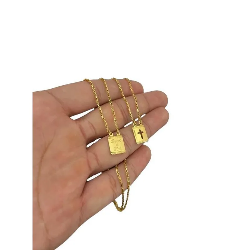 Escapulário Tijolinho 1mm Deus É Fiel Cruz Banhado A Ouro