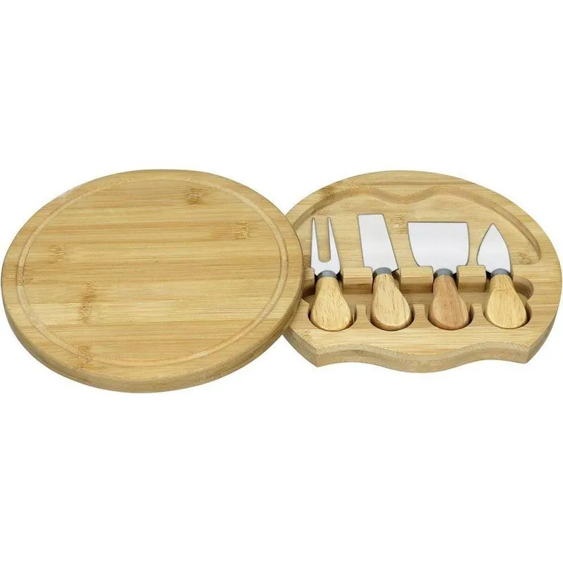 Jogo 4 Peças Para Queijo Home&amp;co Com Tabua De Corte Deslizante Bambu Natural