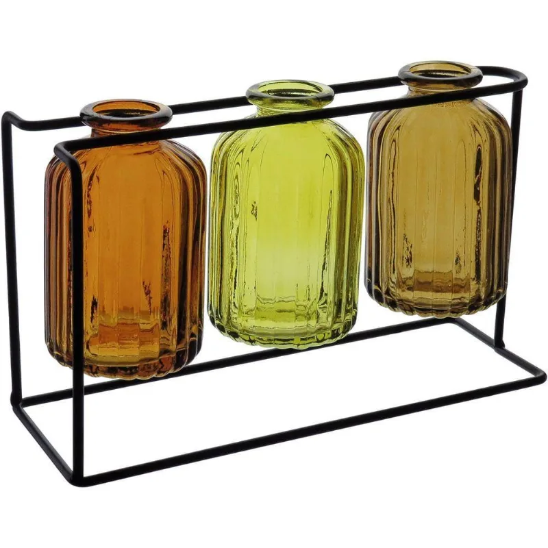 Jogo 3 Vasos Decorativo Enfeite Casa Garrafa Home&co Com Suporte Metal Vidro âmbar