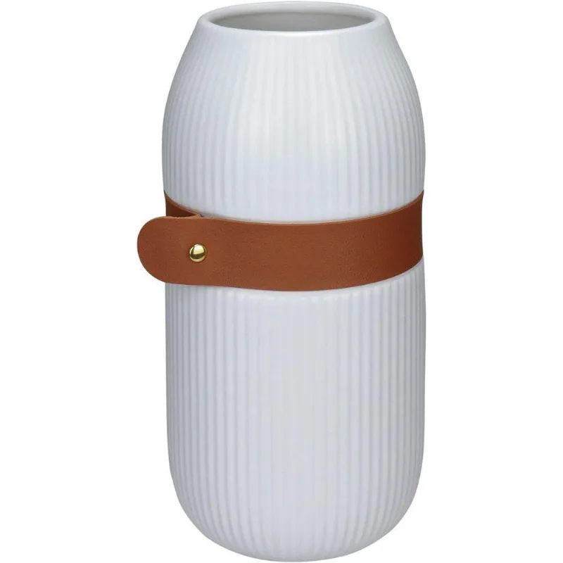 Vaso Decorativo Enfeite Casa Aparador Home&co Com Cinta Cerâmica 25x12x12cm Branco