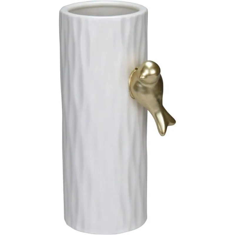 Vaso Decorativo Enfeite Casa Aparador Home&co Com Pássaro Cerâmica 20x10x10cm Branco