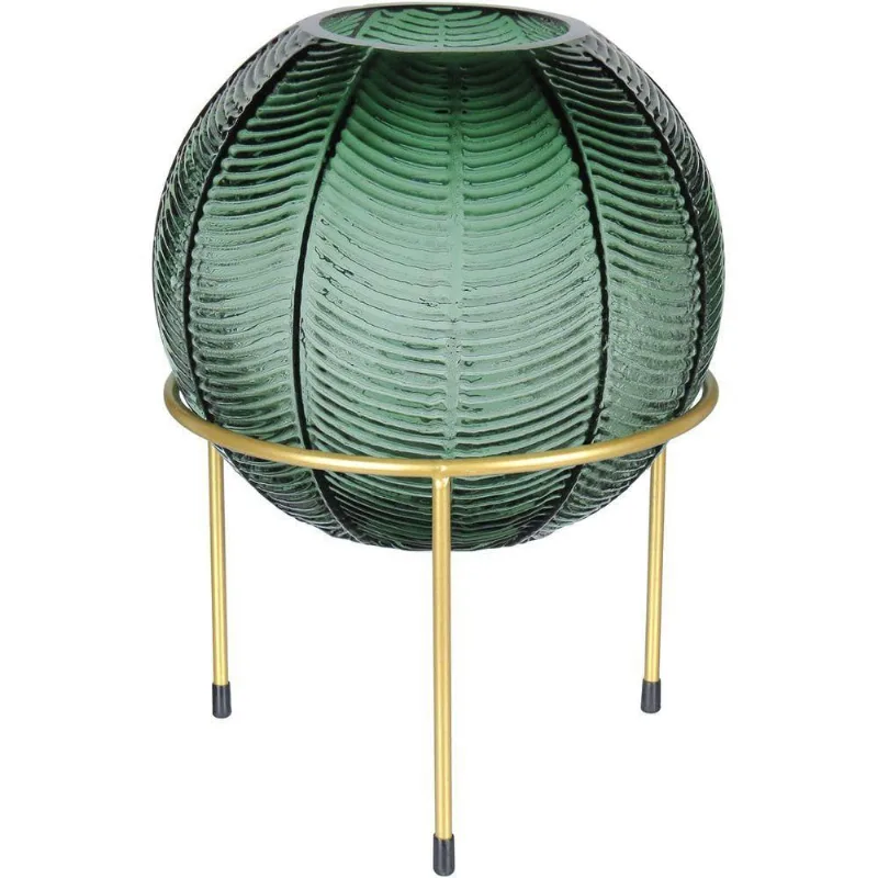 Vaso Decorativo Enfeite Casa Folhas Home&co Com Suporte Metal Vidro 28x20x20cm Verde