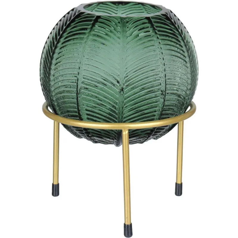 Vaso Decorativo Enfeite Casa Folhas Home&co Com Suporte Metal Vidro 21x15x15cm Verde