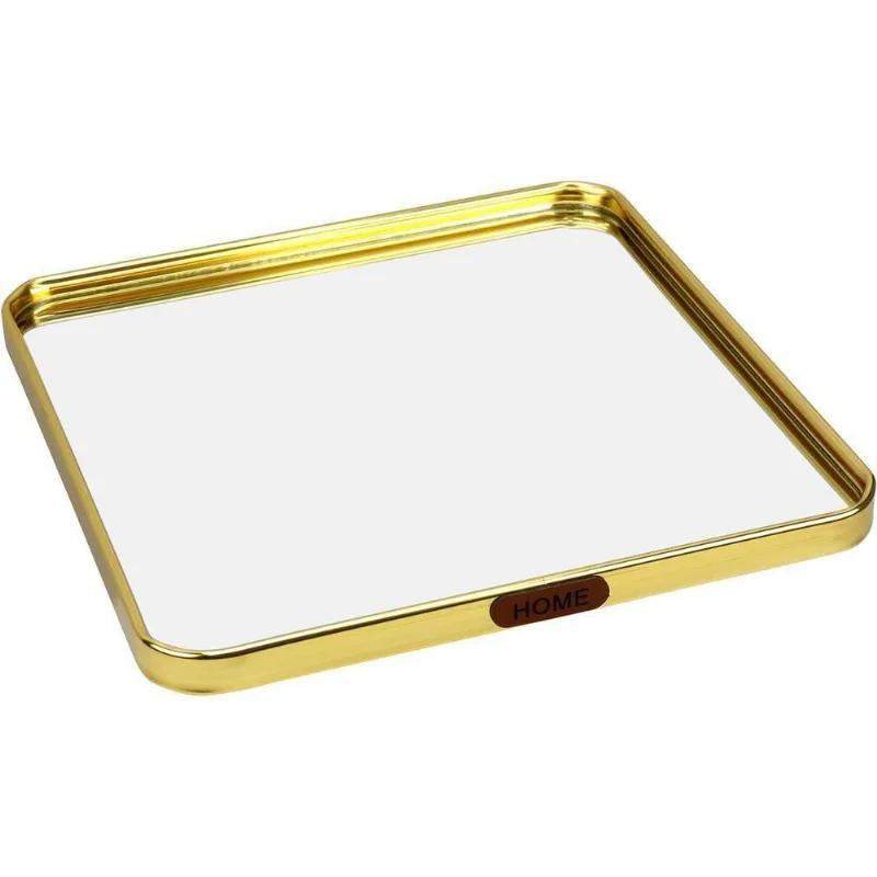 Bandeja Decorativa Para Servir Quadrada Home&co Com Espelho Metal 1x25x25cm Dourado