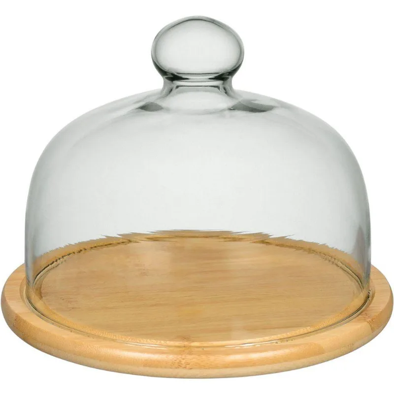 Prato Bolo Redondo Com Tampa Vidro E Base Bambu Home&co
