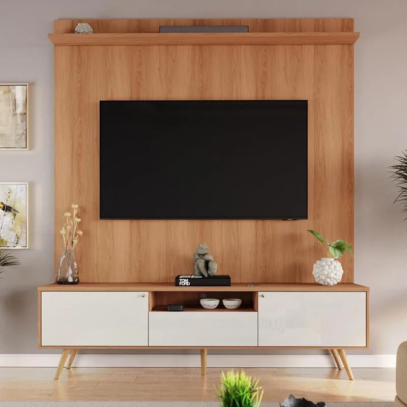 Rack Com Painel Sevilla - Mdp Efeito Ripado 3d Jequitibá-off White - Lukaliam Móveis