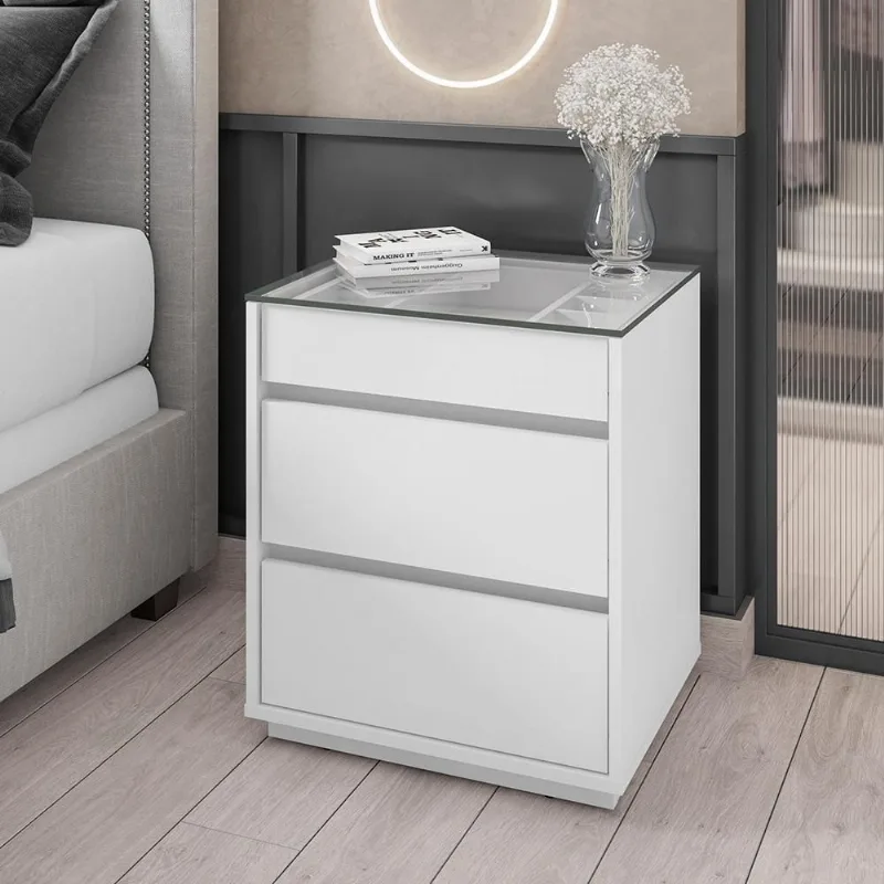 Mesa De Cabeceira Quarto Belize 3 Gavetas E Tampo De Vidro Branco