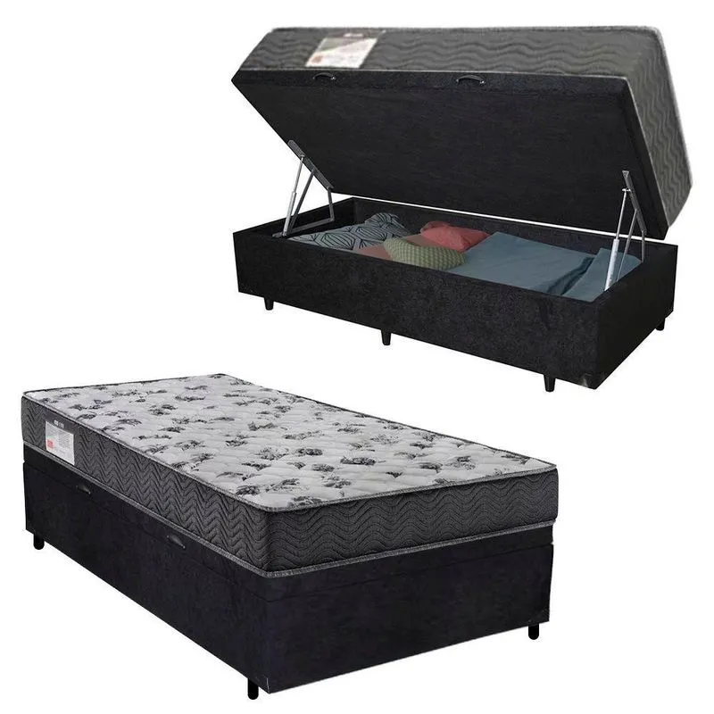 Cama Box Baú Solteiro Suede + Colchão De Molas Ensacadas Sereneprime 88x188x62cm Preto