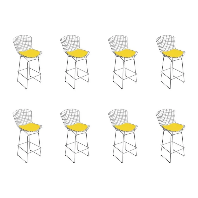 Kit 8 Banquetas Bistrô Bertoia Cromada D80 Com Assento Sintético Amarelo