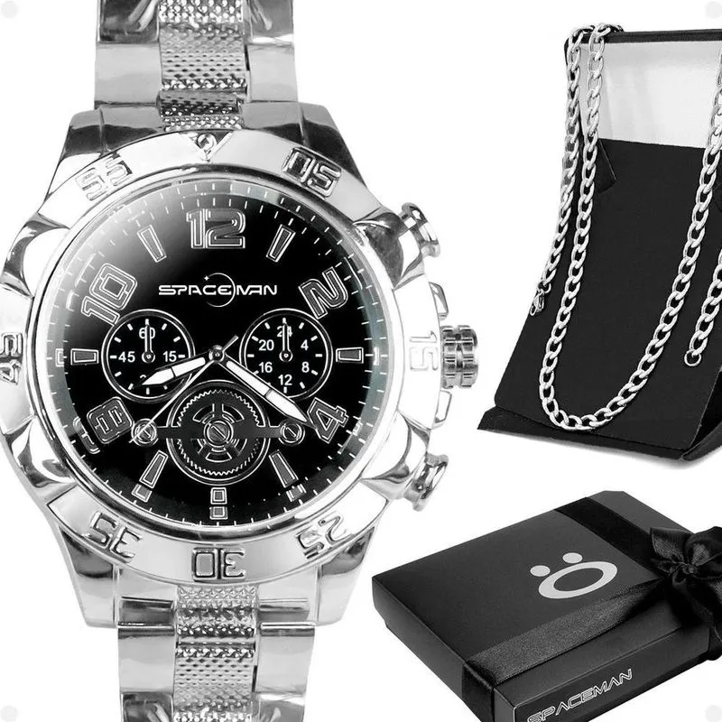 Relógio Masculino Prata Aço Inox + Caixa + Cordão Crucifixo Grande Presente Social Casual