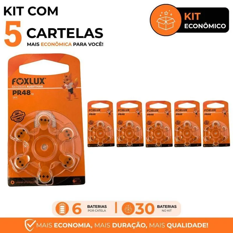 Bateria Auditiva Foxlux PR48 - ZA13 Para Aparelhos Auditivos Tecnologia Zinco-Ar Kit Com 30