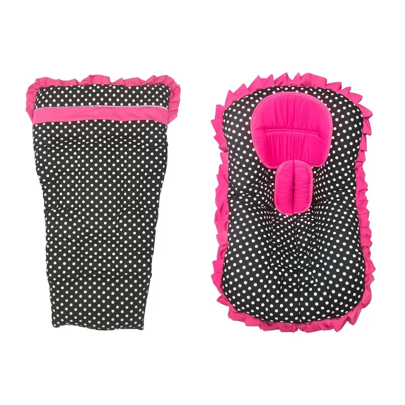 Capa De Carrinho + Capa De Bebê Conforto Poá Preto Com Pink