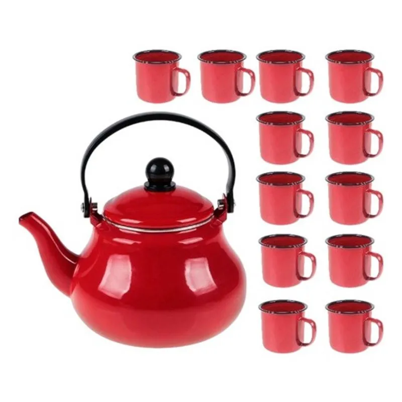 Kit Bule Vermelho 1,5l + 12 Canecas Esmaltada 150ml Vermelha