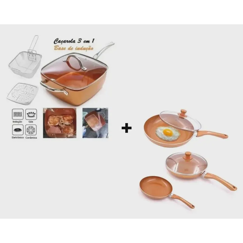Conjunto Cobre 5 Pçs Panela De Ceramica Cozinha Frigideira + Panela Frigideira Ceramica Grande Titânio Caçarola