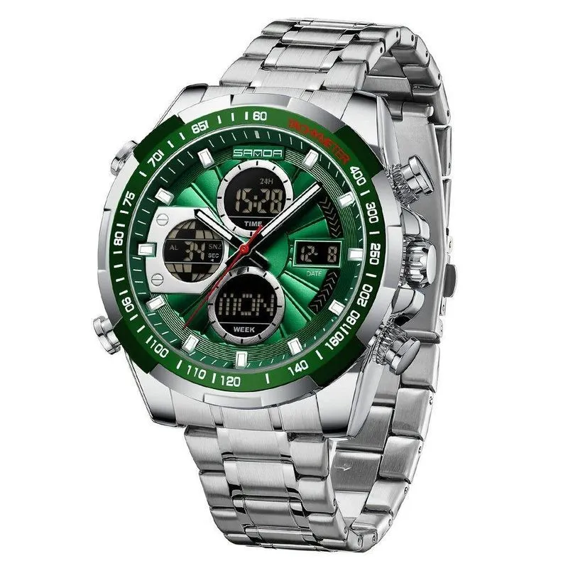 Relógio Esportivo Relógio de Luxo com Pulseira em Aço Inoxidável à Prova D'água LED Verde Prateado