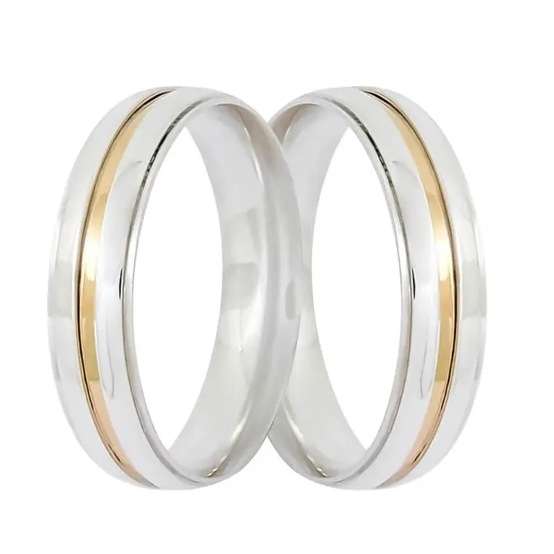 Par De Aliança Aço Anatômica Prata 6mm C/filete Ouro Dourado
