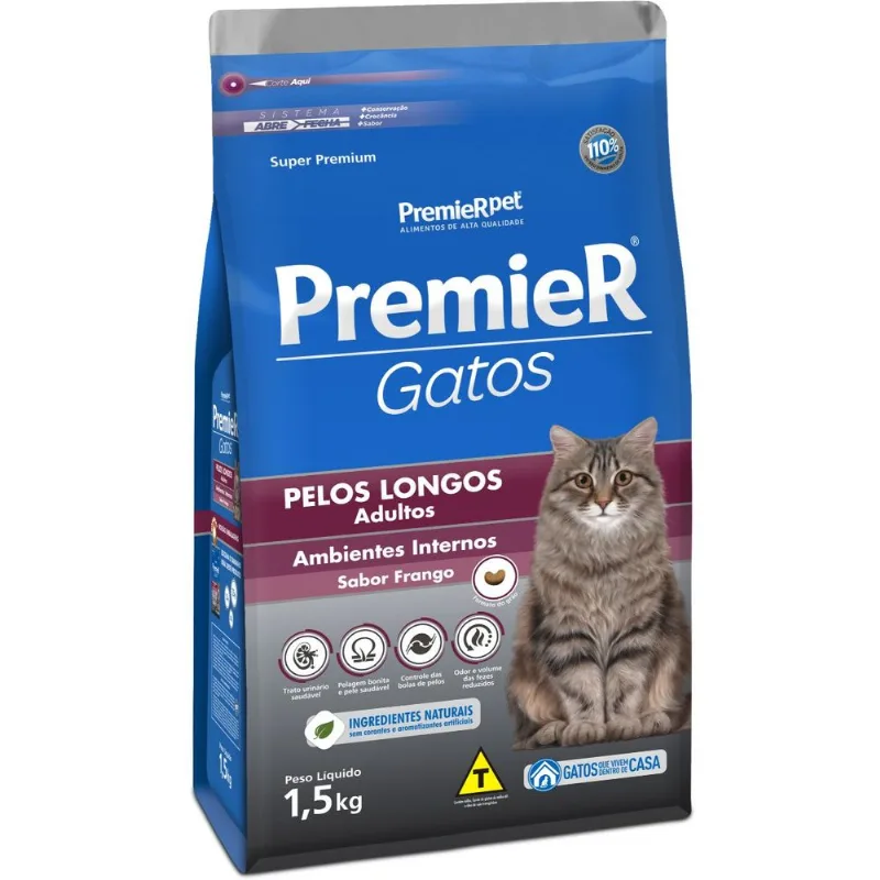 Premier Gatos Adultos Pelos Longos Sabor Frango 1,5 kg