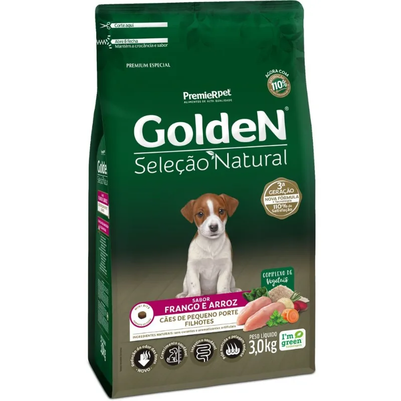 Golden Seleção Natural Cães Filhotes Pequeno Porte Sabor Frango & Arroz 3 kg