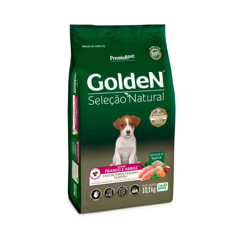 Ração Golden Seleção Natural Para Cães Filhotes De Raças Pequenas Mini Bits Sabor Frango E Arroz - 10 Kg