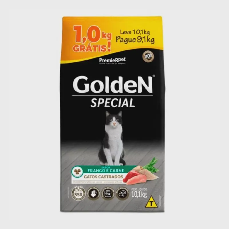 Ração Golden Special Gatos Adultos Castrados Frango e Carne Leve 10,1kg Pague 9,1kg
