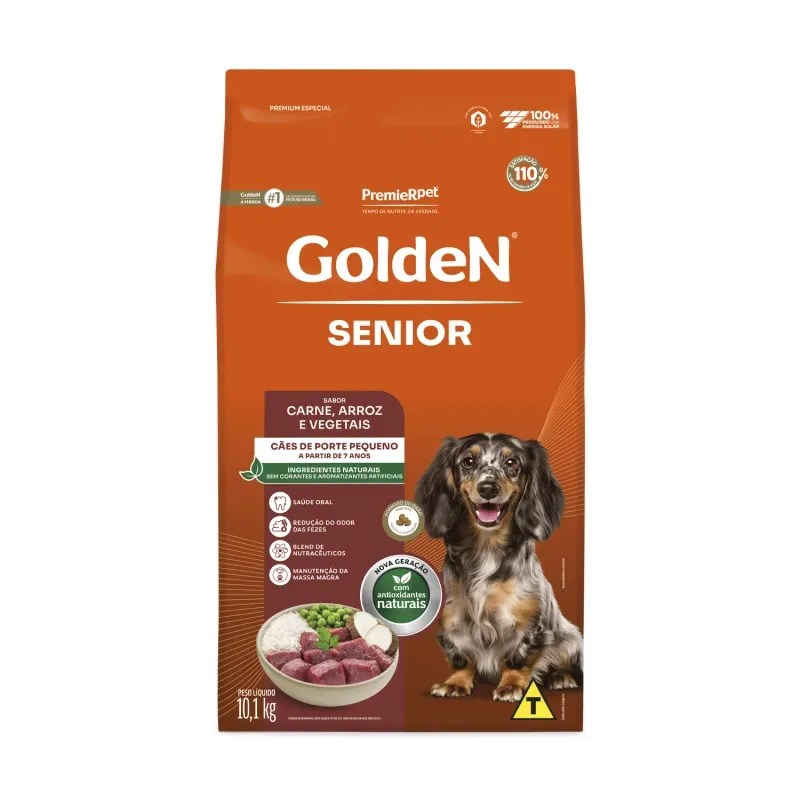 Ração Golden Cães Sênior Porte Pequeno Mini Bits Carne e Arroz 10,1 kg
