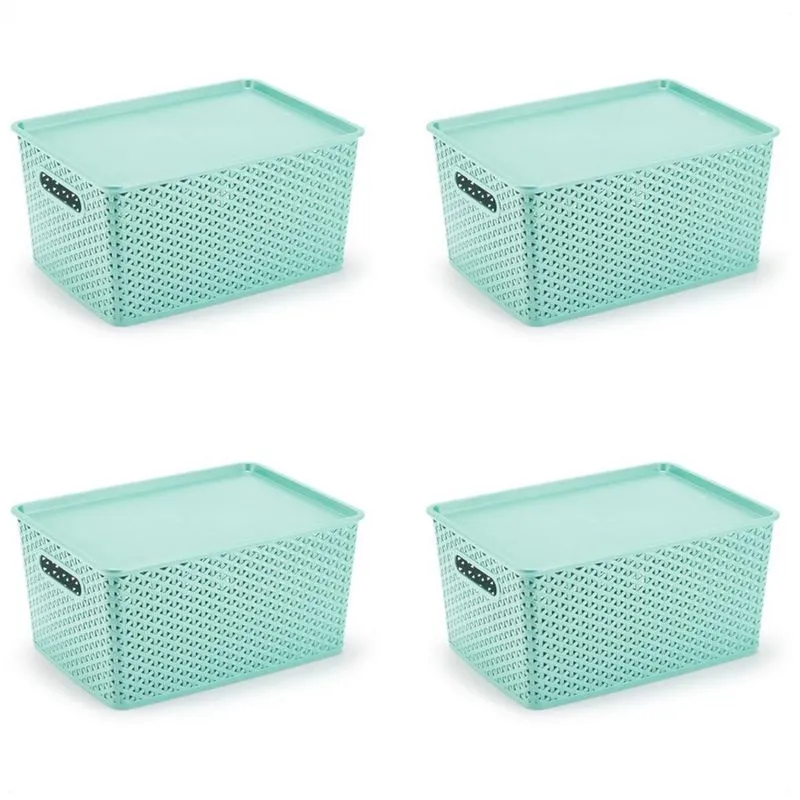 Kit 4 Organizadores Rattan Grande Cesto Verde Com Tampa 36Cm