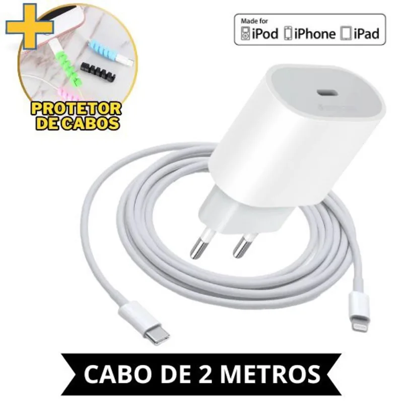 Carregador Fonte + Cabo 2 Metros 20W Turbo Usb-c Compatível Com Todos os Modelos de IPhone