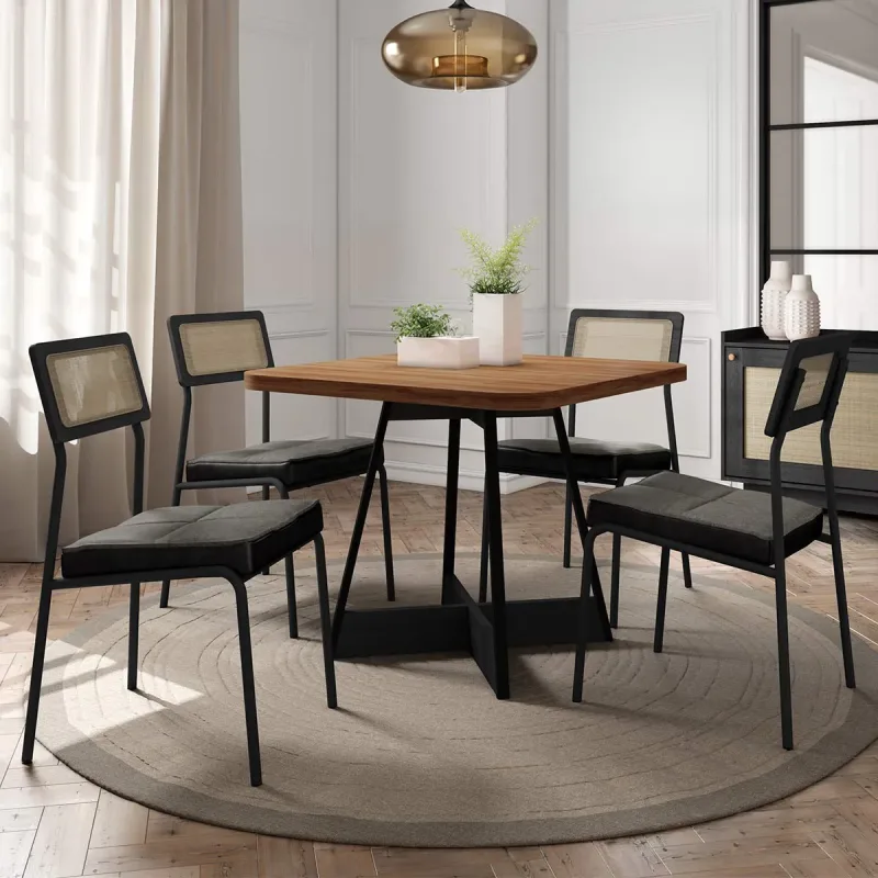 Mesa de Jantar Átria 90cm + 4 Cadeiras Estofadas com Tela Nogal com Preto