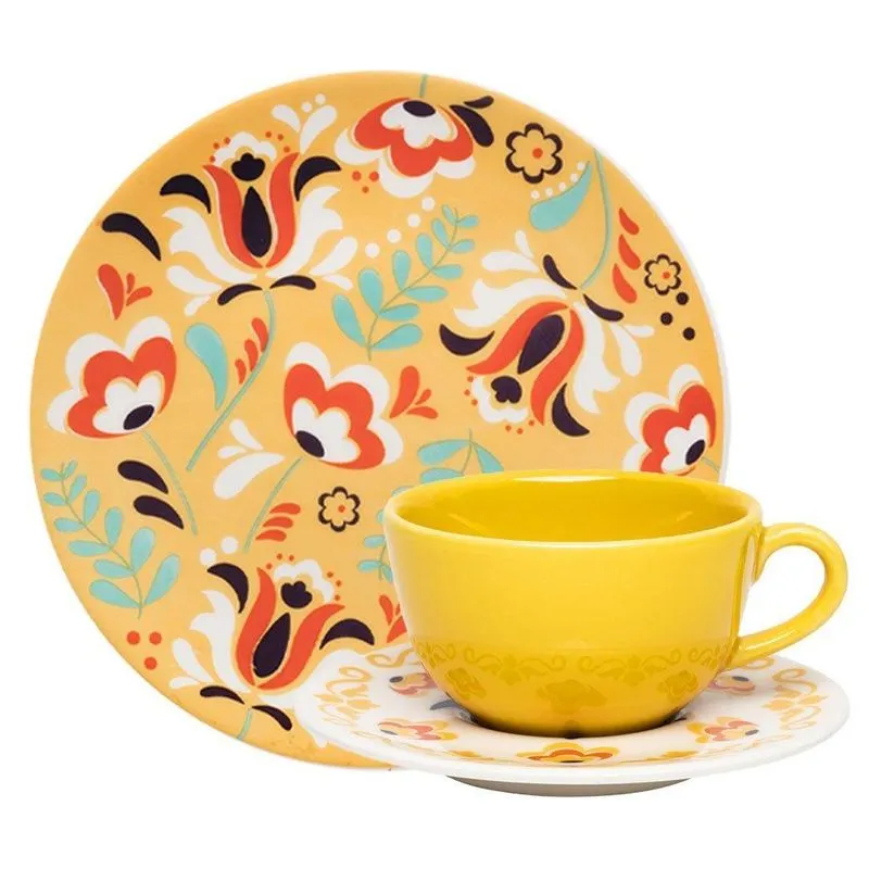 Kit Jogo Café Lanche Unni Flowers Oxford Cerâmica 24 Peças