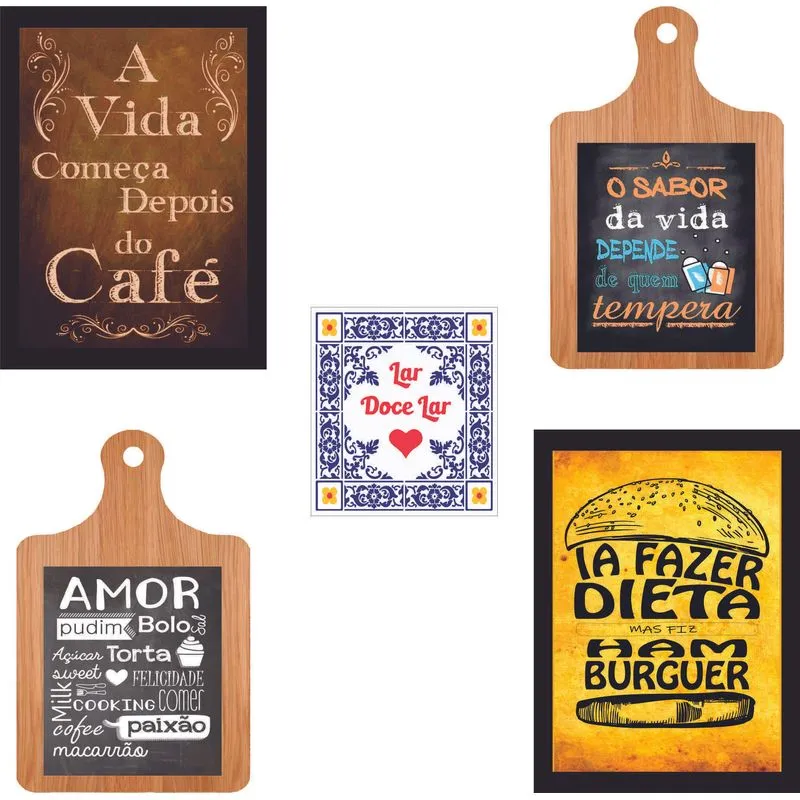 Kit Decorativo Cozinha Café Comida Quadros Tabuas Decor