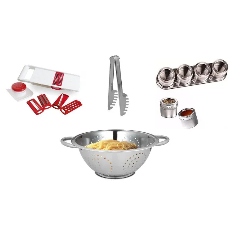 Kit Escorredor De Massas + Pegador + Porta Tempero + Ralador