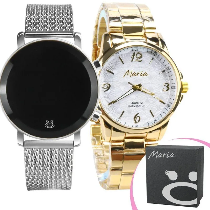 Relogio Banhado + Relogio Feminino Digital Led Aço Original Social Presente Moda Casual Prata