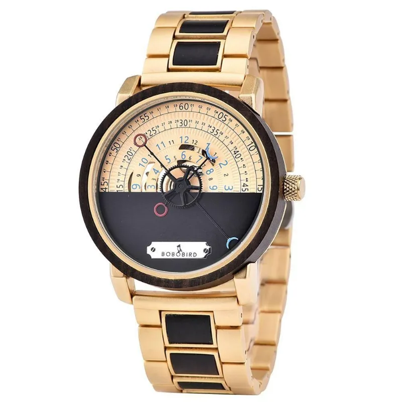 Relógio Mecânico de Pulso GT043 Analógico Madeira Aço Inoxidável Dourado Elashopp
