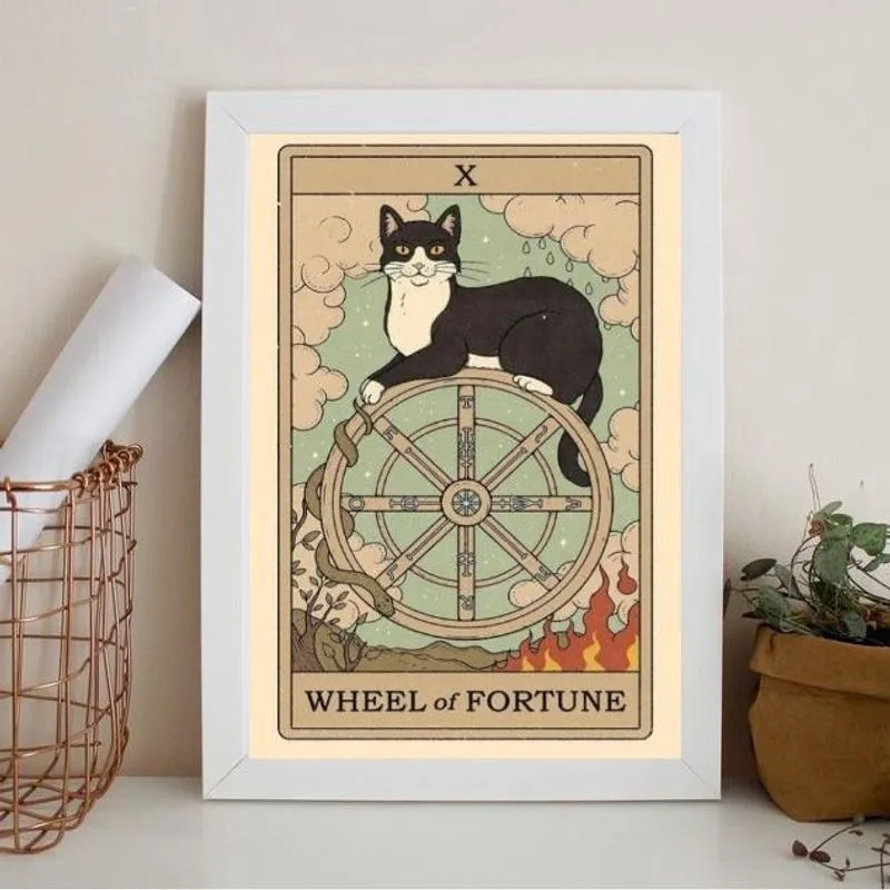 Quadro Decorativo Tarot Roda da Fortuna Gato 33x24cm - Vidro