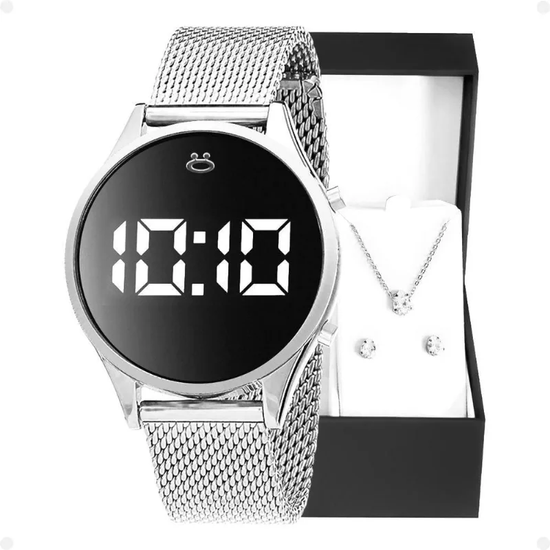 Relogio Feminino Digital Aço Inox Caixa Brincos Colar