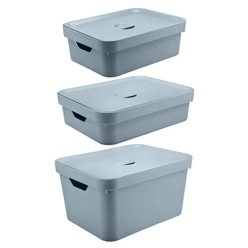 Kit De Caixa Organizadora Cube Com Tampa Azul Glacial 03 Peças