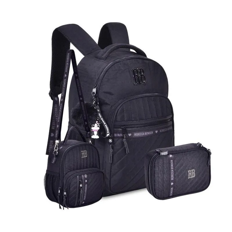 Kit Mochila Costas Rebecca Bonbon Lancheira E Estojo - Preto