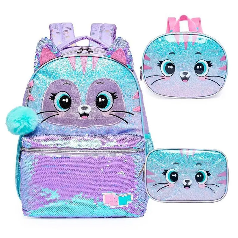 Mochila De Costas + Lancheira + Estojo Pack Me Cat Brilhosa