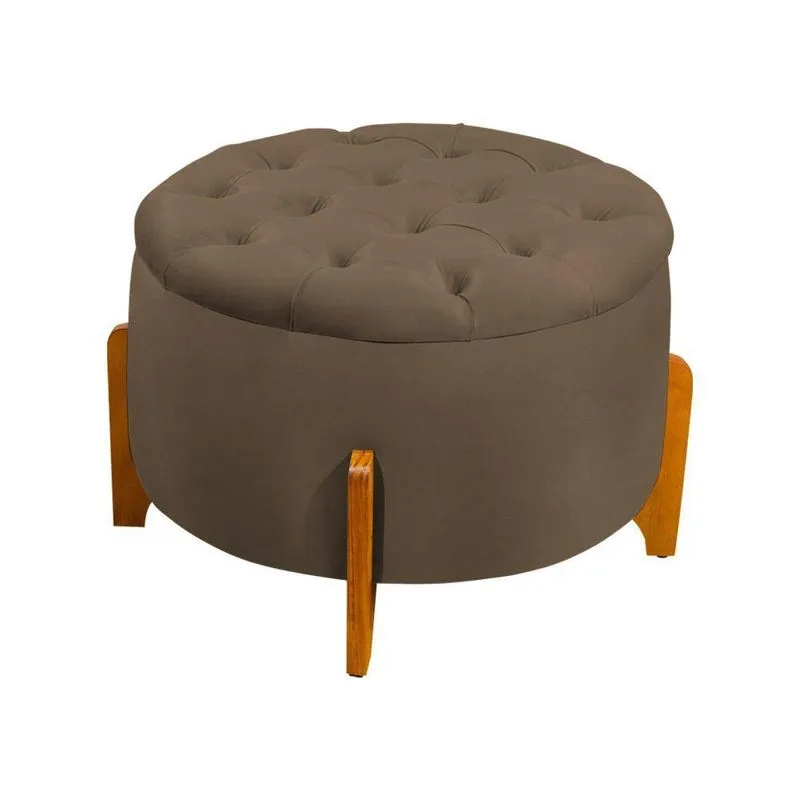 Puff Luna Pés De Madeira Maciça Suede Marrom - Cor: Marrom
