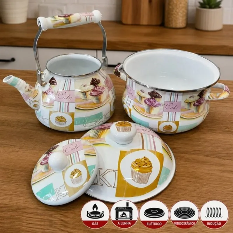 Panela Caçarola 3,7L Chaleira 2,5L Cake Esmaltada Kit 2pçs