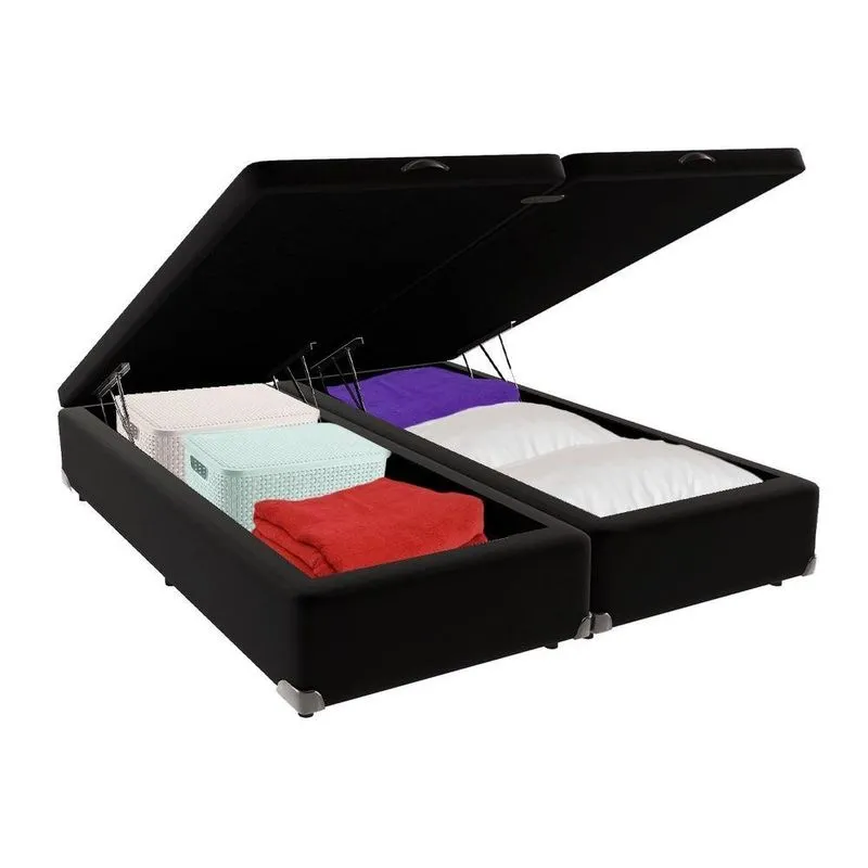 Cama Box com Baú King Bravus Baú Pneumático Madeira Tecido Preto Vtech