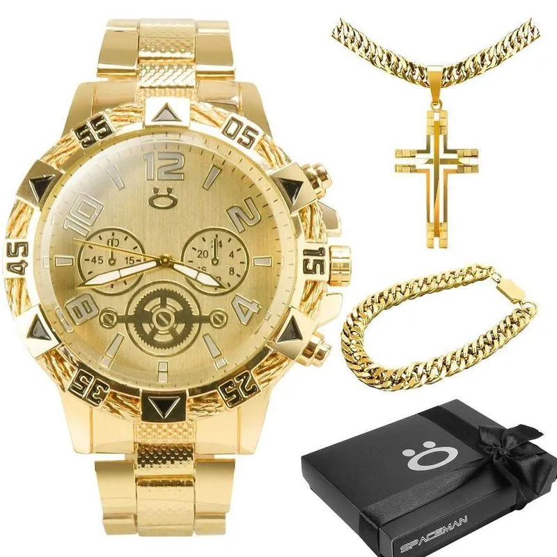 Relogio Banhado Ouro + Caixa + Cordão Cruz + Pulseira Analogico Robusto Social Original Presente