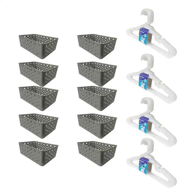 Kit 10 Cestos Org Premium 20 Cabides Infantil Cinza
