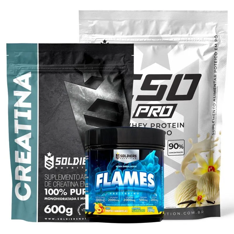 Kit: Whey Protein Isolado ISO PRO 1kg + Creatina Monohidratada 600g + Pré-Treino Flames - Soldiers Nutrition