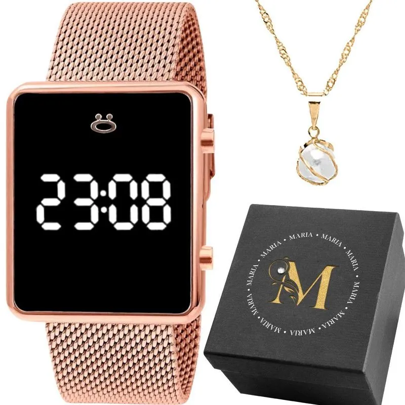 Relogio Digital Aço Silicone Feminino + Colar Perola
