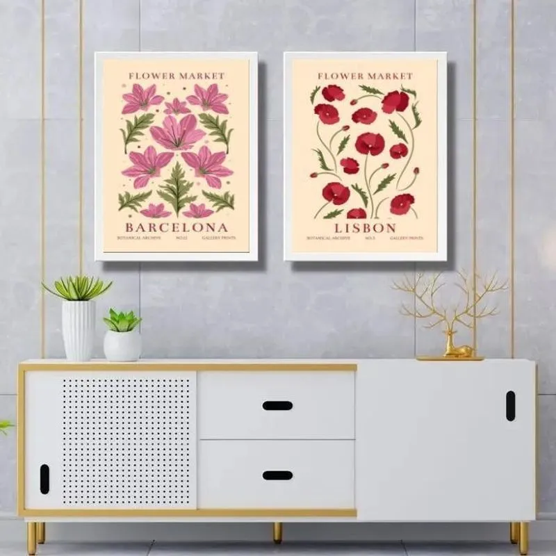 Kit 2 Quadros Flower Market - Lisboa E Barcelona 33X24Cm