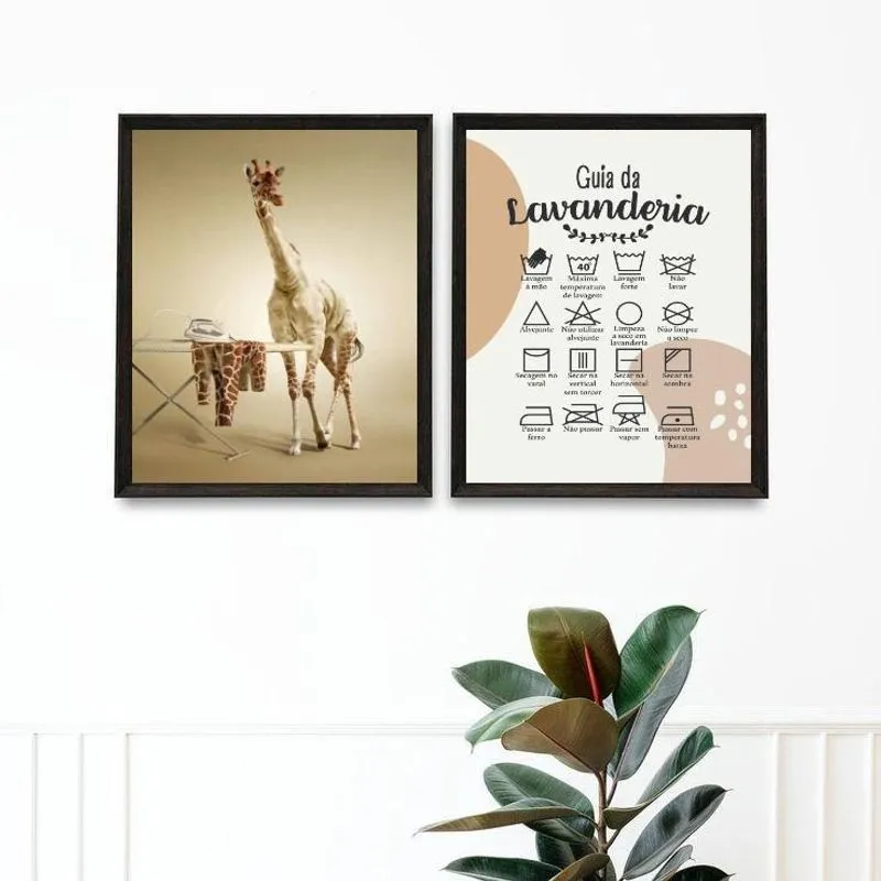 Kit 2 Quadros Guia Da Lavandería - Girafa 33X24Cm - Vidro