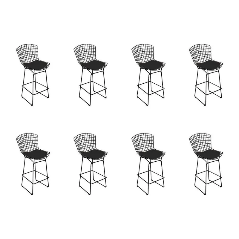 Kit 8 Banquetas Alta Bistrô Bertoia Preta D60 Com Assento Preto
