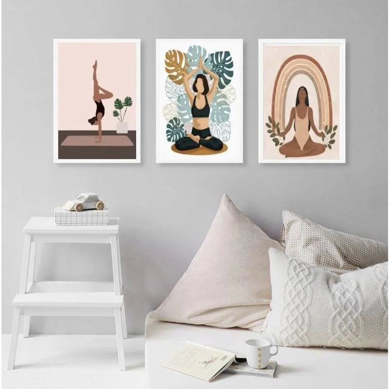 Kit 3 Quadros Decorativos Yoga E Plantas 45X34Cm